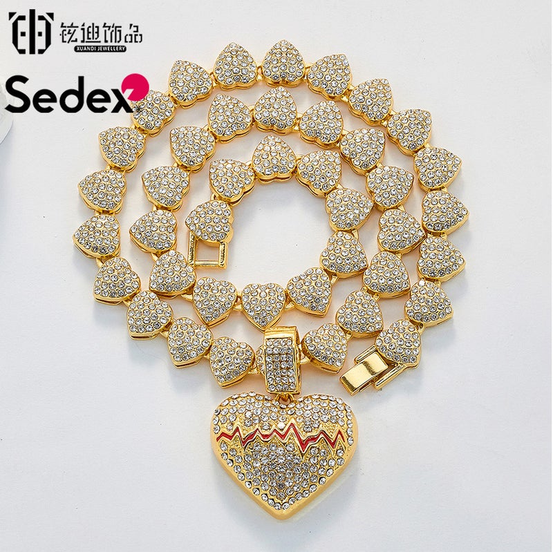 High Quality Valentine'S Day Love Pendant Ecg Shape Cuban Chain Full Diamond Hip Hop Jewelry Factory - Image 2